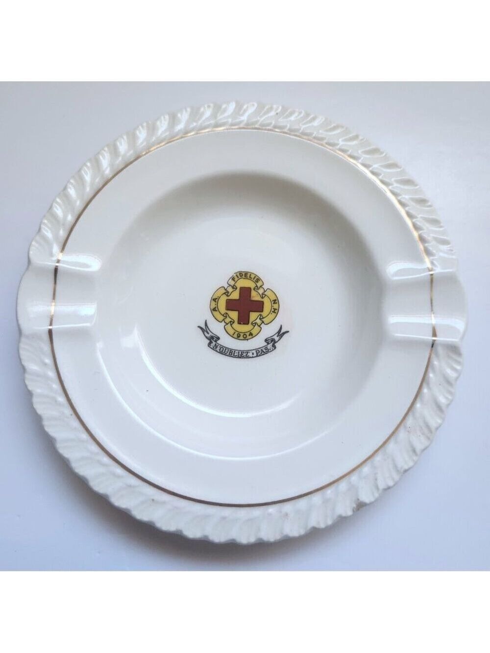 Balfour Fidelis 1904 Ashtray Knights of Columbus Vintage Ceramic Gold Rim USA